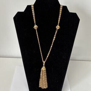 Vintage Sherman Necklace Signed 34” Gold Tone Tassel Fringe Pendant Double Chain
